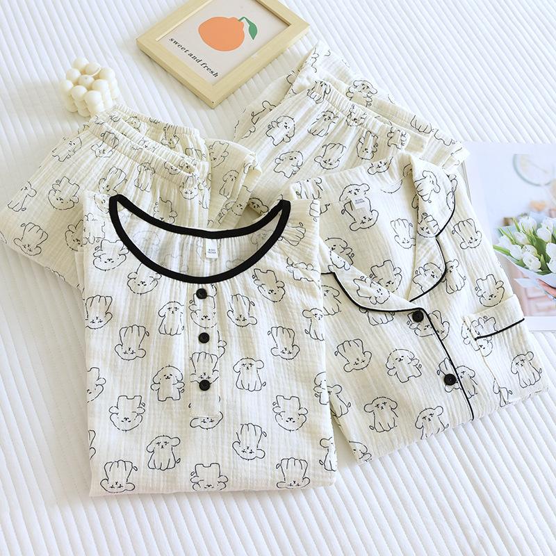 Neues Damen-Pyjama-Set für Frühling und Herbst, 100 % Baumwollkrepp, süße Langarmhose, zweiteiliges Set mit lockerem Aufdruck