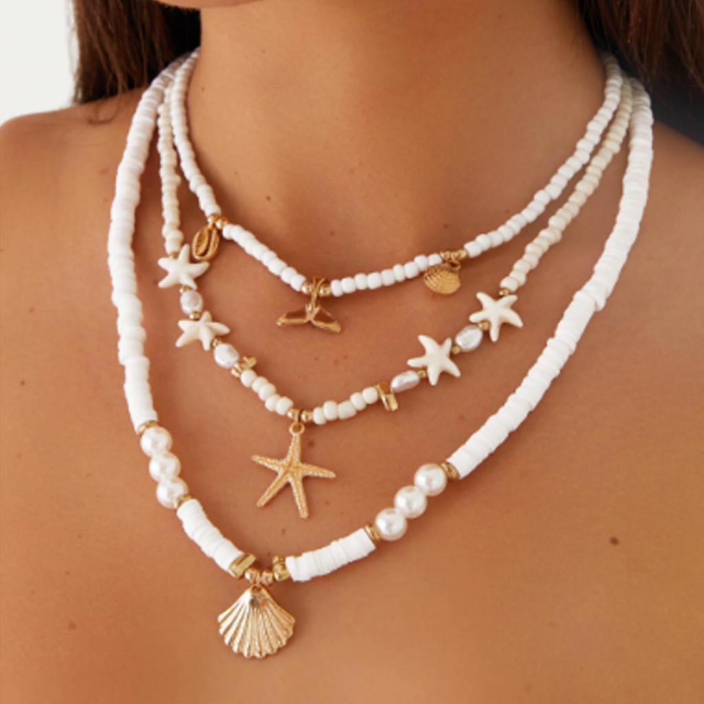 Hot-selling summer beach wind starfish shell pearl necklace set three-piece fashion versatile trend accessories