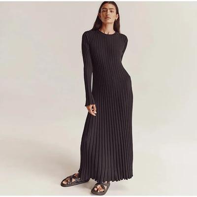 Elegantes, solides, geripptes Strick-Maxikleid für Damen, schmaler lässiger Bund, Rundhalsausschnitt, lange Ärmel, Spitze, A-Linien-Kleider, 2023 Herbst, Damen-Streetwear-Robe