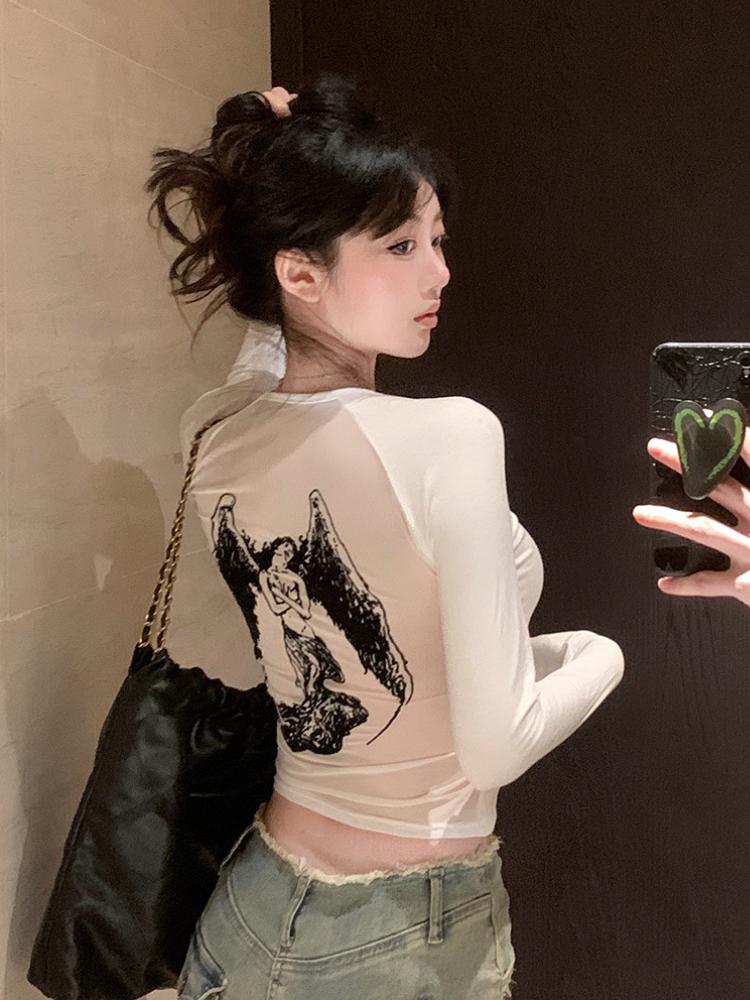 Gothic Y2k Vintage O-Neck Slim T-Shirts Women Chic Mesh Cyber See Through Crop Tops Female Korean Fashion Casual Clothing New