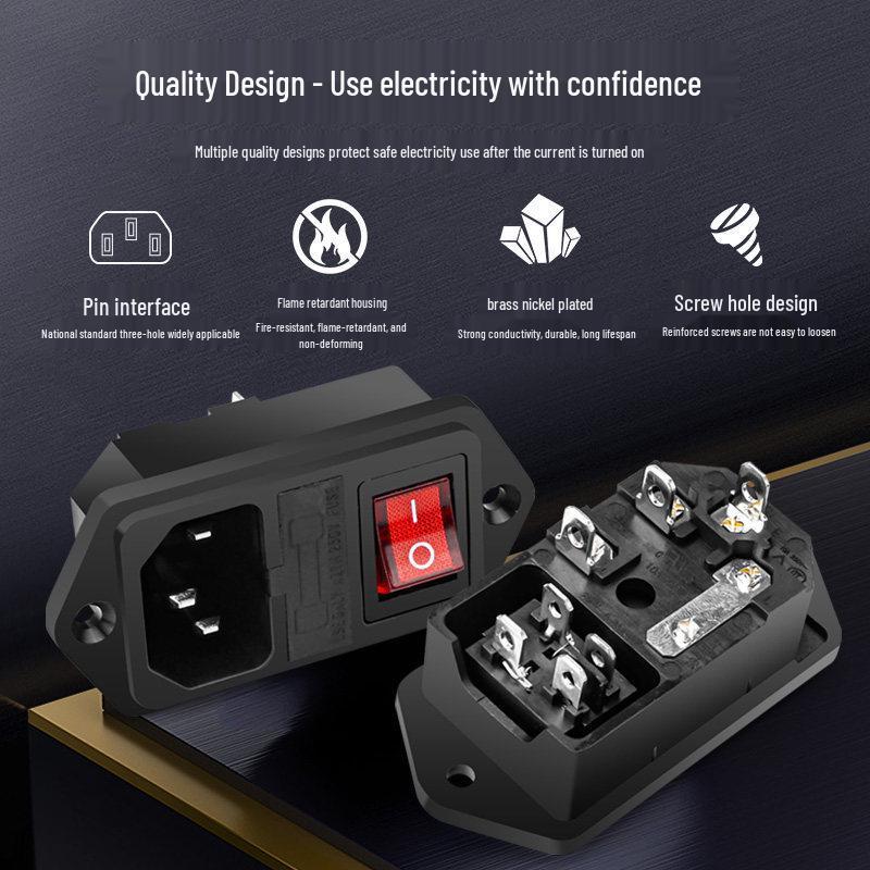 3-in-1 Type C Power Socket with Fuse, Switch, and 3-Pin Convex Surface, 10A/250V