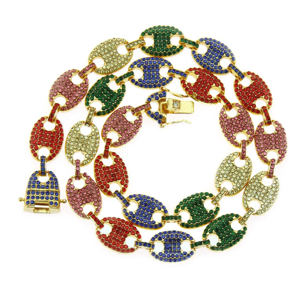 Men's Street Style Necklace with Pig Nose Buckle, Coffee Bean Chain, and Colorful Diamond Pendant