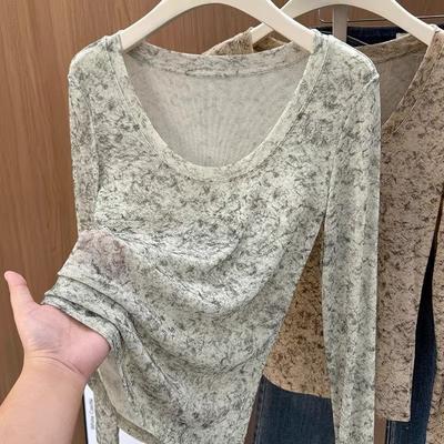 Women's Sheer Mesh Neck Long-Sleeve Printed Slim Top Stretchy Casual Blouse