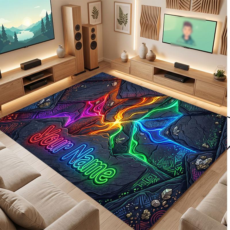 Neon Colorful Theme Crystal Velvet Floor Rug Personalized Custom Name Text Warm Carpet Home Decoration