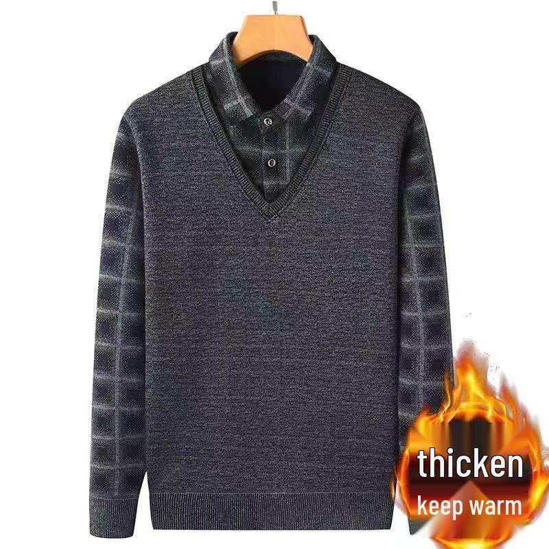 Men's Mid-Age & Senior Plus Velvet Thick Sweater - New Faux Two-Piece Winter Top