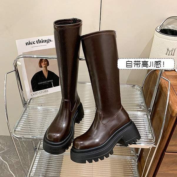 Black Thick-soled Heightening Boots for Women, But Knee-high Knight Boots, Thick Heel for Small Men, Long Tube, Thin Boots, Non-slip.