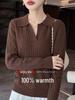 Women's Slim Fit French Polo Collar Long Sleeve Silk-Cotton Knitted Sweater.