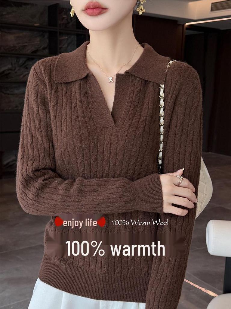 Women's Slim Fit French Polo Collar Long Sleeve Silk-Cotton Knitted Sweater.