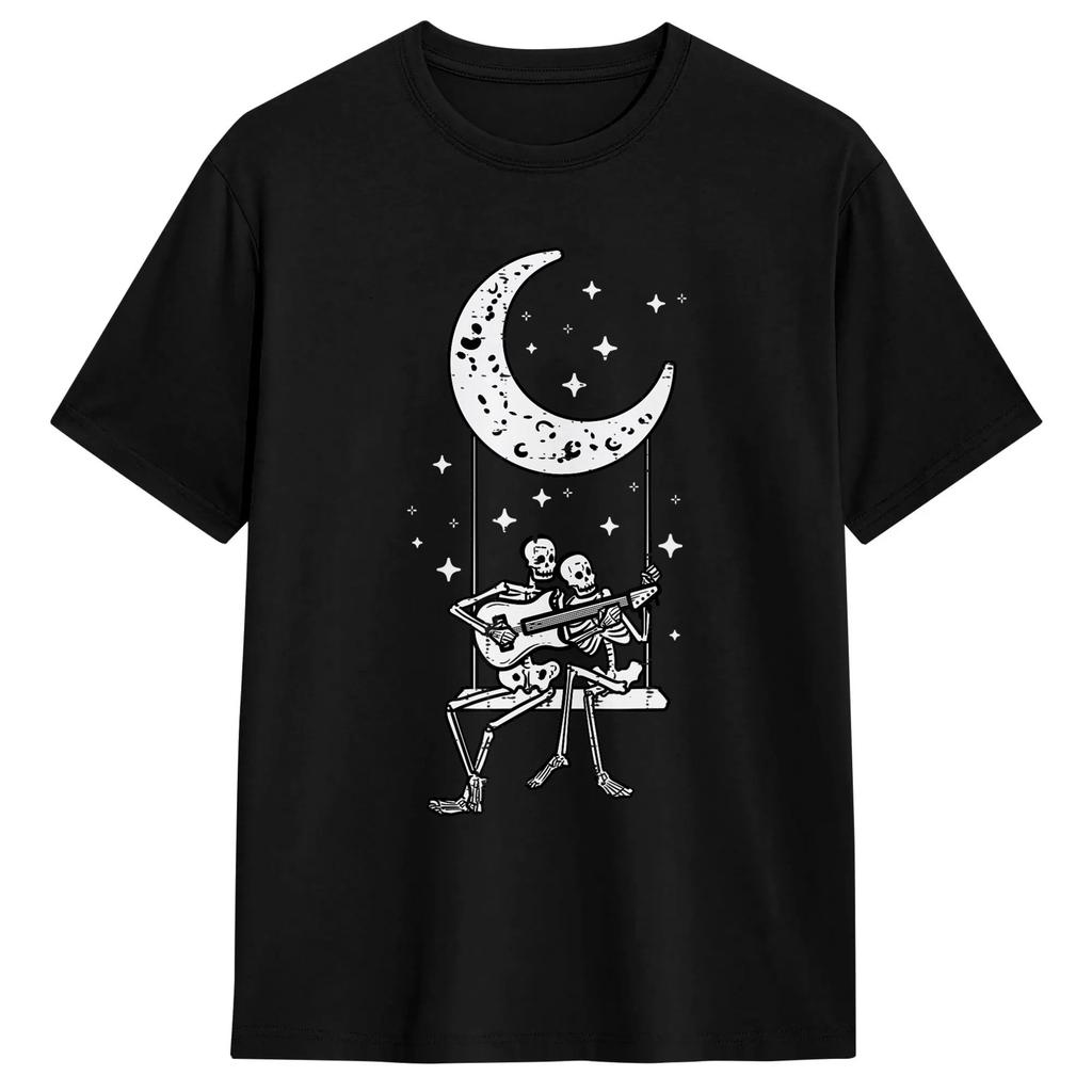 Skeleton Couple Moon Swing Guitar Lover Halloween Rock T-Shirt for Funny Cotton Tees Crew Neck Short Sleeve T Shirt