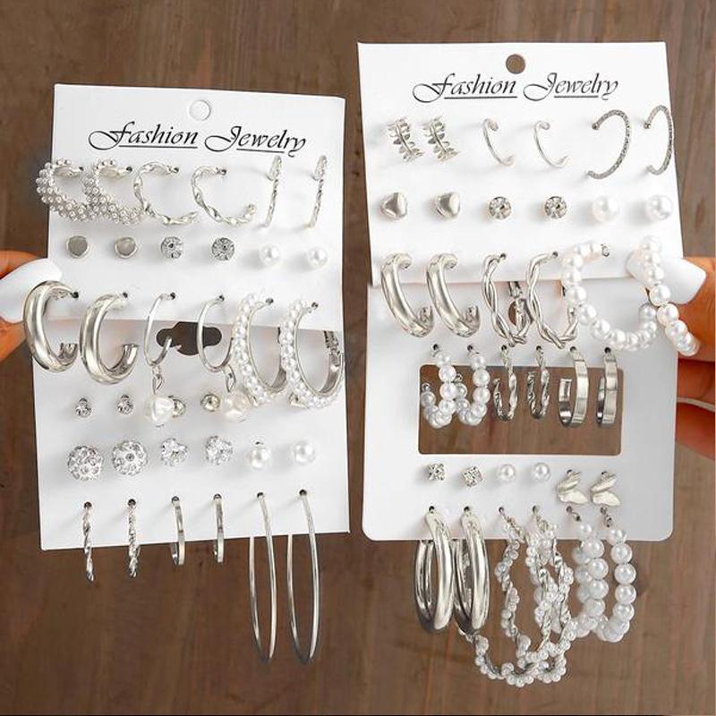 60 Stück/Set Modische Ohrringe Für Damen Boho Vintage Silberfarbe Geometrisches Design Perle Strass Steckerohrringe Schmuck Geschenke Neu