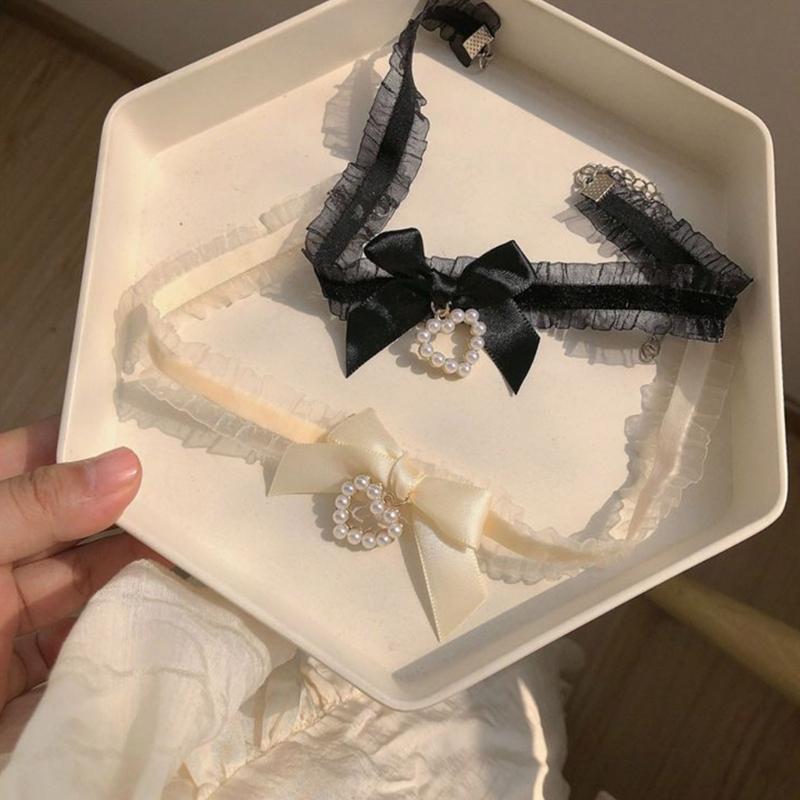 Fashion Harajuku Cloth Collarbone Chain Temperament Simple Cold Wind Big Heart Bowknot Pearls Loves Necklace Lace Chain