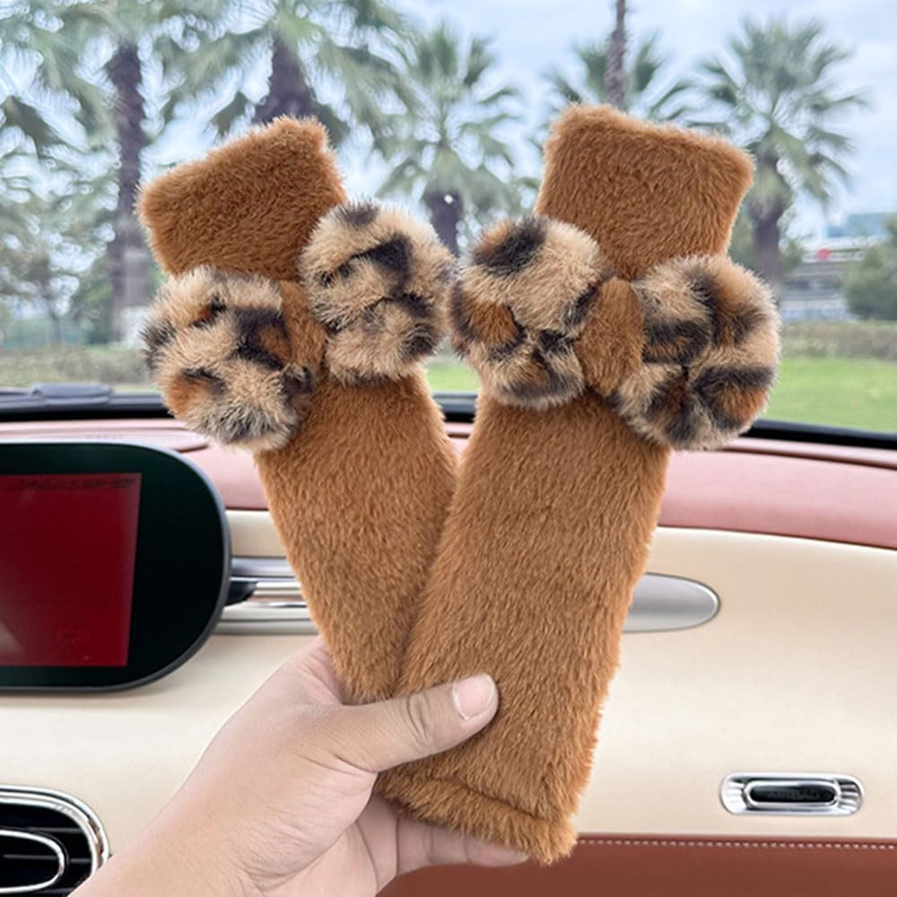 2 Pack Seat Belt Cover Pad, Cute Plush Leopard Print Seatbelt Covers Seatbelt Shoulder For More Comfortable Driving, Plush Fluffy Soft Seat Belt