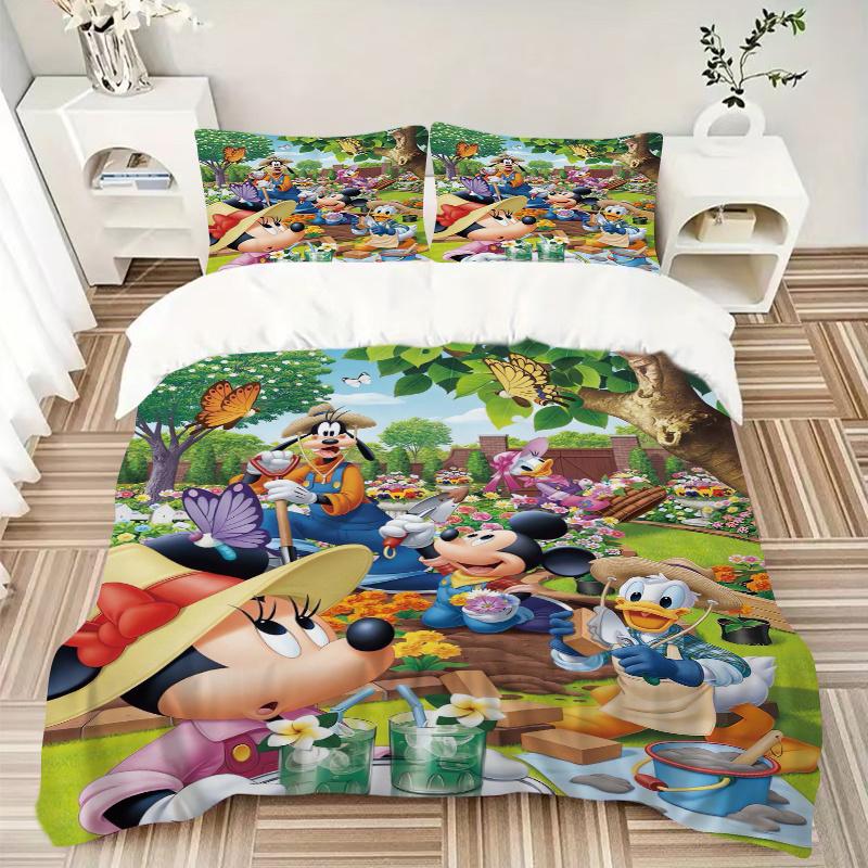 3pcs Garden Minnie Mickey Printed Quilt Set Soft and Comfortable Quilt Cover for Bedroom, Guest Room S047