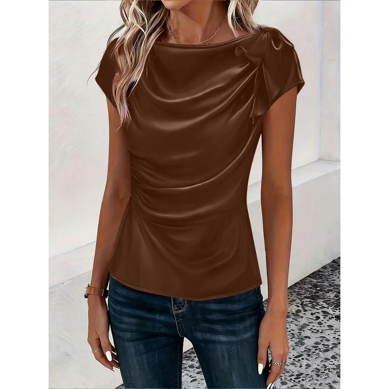 IHUASU Women's Fashion Casual Solid Color Print O-Neck Short Sleeve   Blouses & Shirts