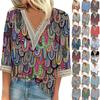 Chemisier pour femme, chemises amples décontractées, manches 3/4, bordures en dentelle imprimées, col en V, hauts imprimés, T-shirts