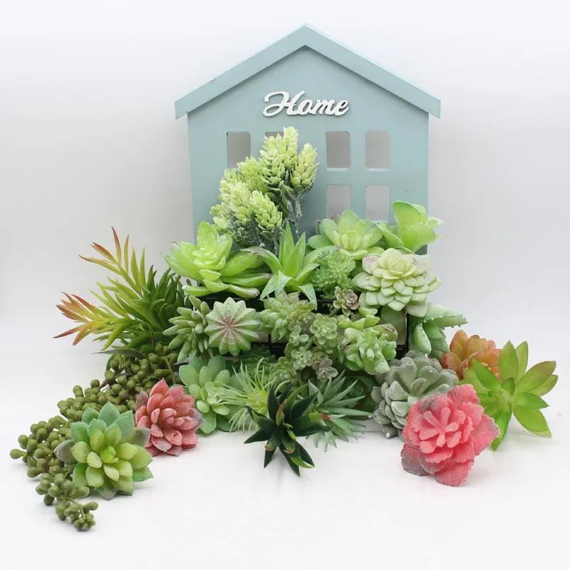 12pcs PVC Succulents Plants Green Faux Succulent Plant for Home Garden Small Bonsai Decor Flower Desktop Plants
