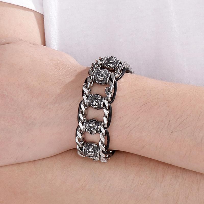 Bransoletka z gotyckiej czaszki dla mężczyzn ze stali nierdzewnej 316L, męskie bransoletki z ogniwami, punkrockowa skórzana bransoletka na rękę