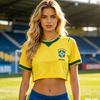 Brasil Camisa de Casa Cropped Feminina Verão Casual Manga Curta Fã de Futebol