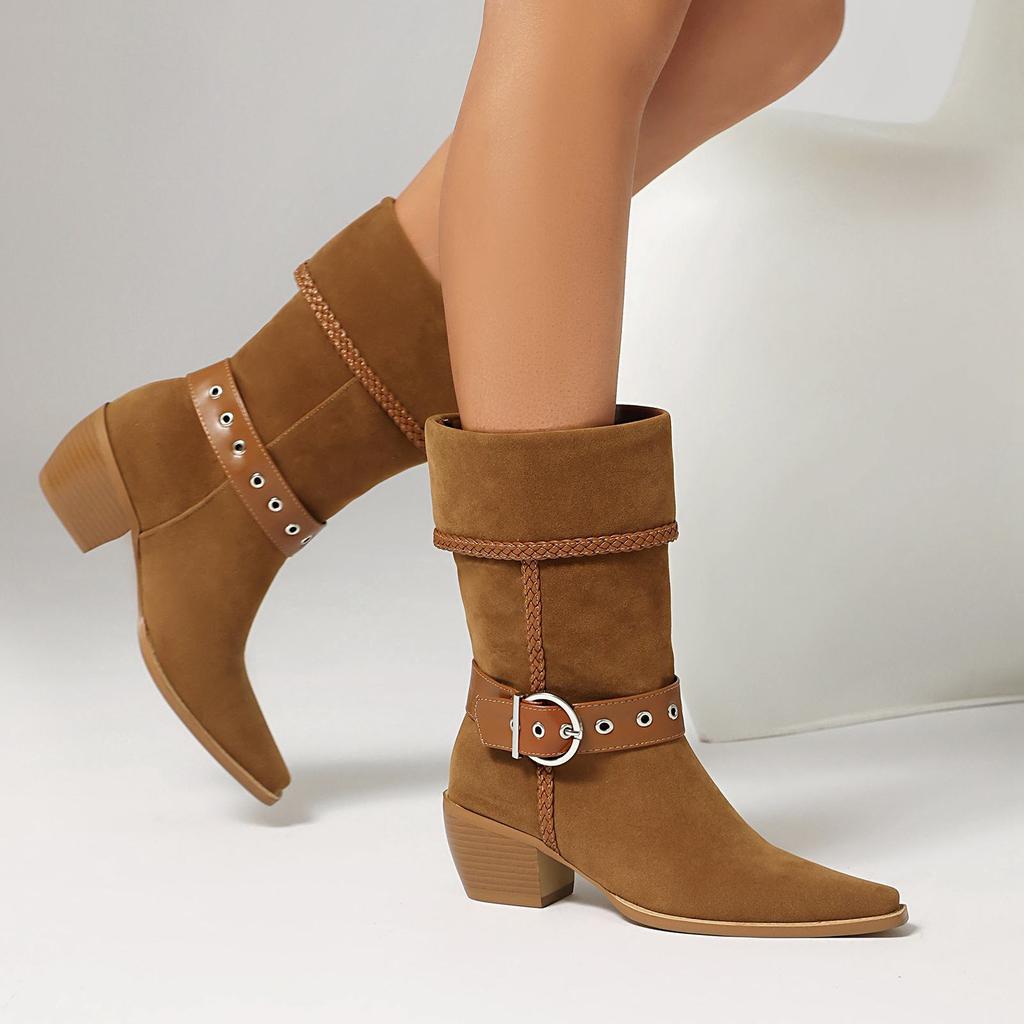 Krazing Po Flock Winter Pointed Toe Size 33 Western Boots Size 43 Metal Buckle Thick Heels Mid-calf Boots