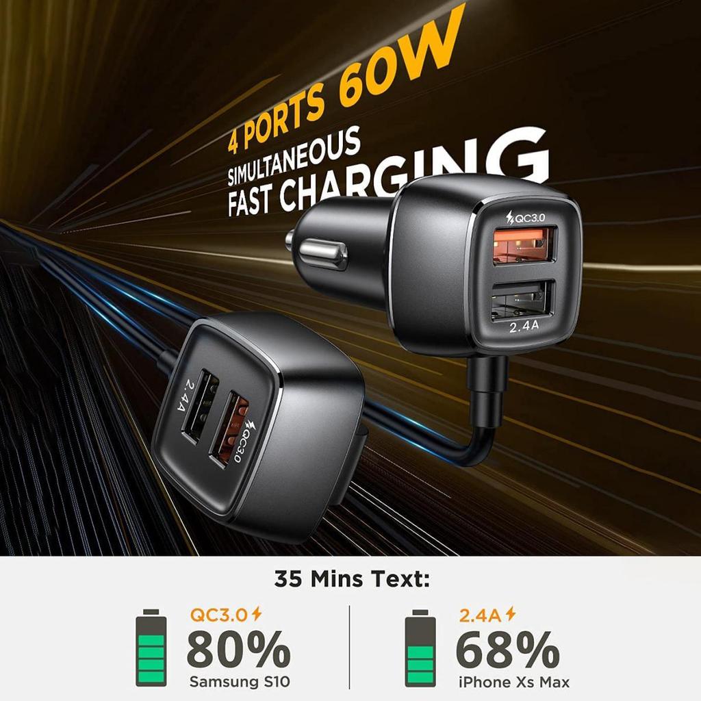 Автомобильное зарядное устройство USB, двойной QC 3,0/60 Вт, 4 многопортовых автомобильных зарядных устройства для быстрой зарядки, автомобильное зарядное устройство USB для быстрой зарядки, адаптер прикуривателя с автоматической розеткой, зарядка передних и задних сидений