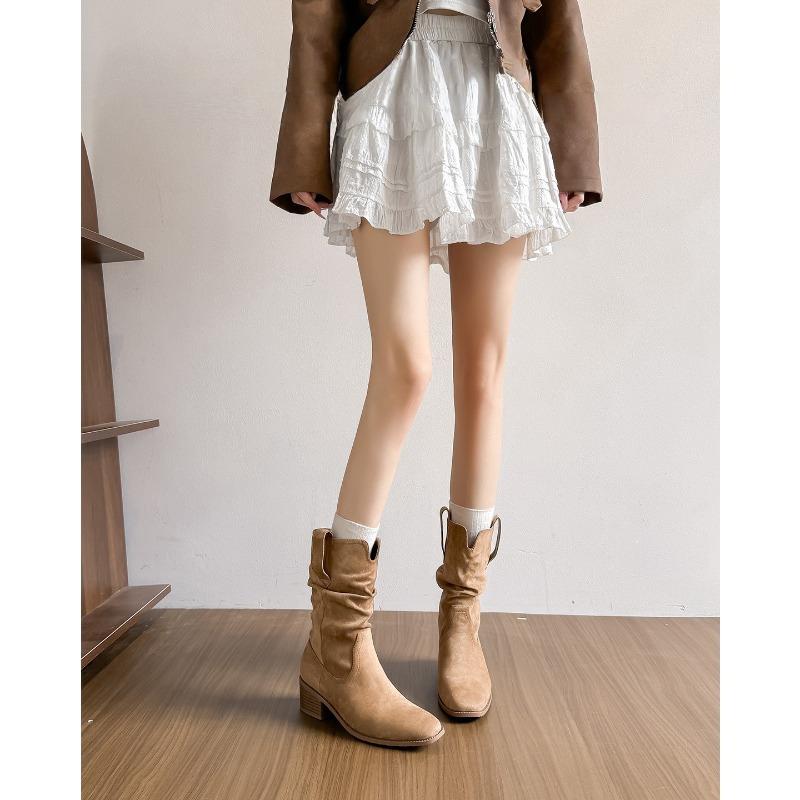 Soft Leather Version! Western Pleated Short Boots Women's Pile Boots Retro Small Inner Height Increase Medium Tube Martin Boots