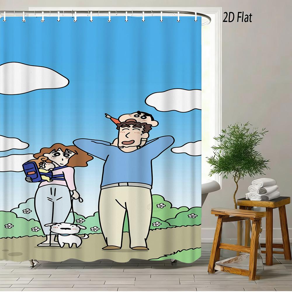 Crayon Shin-Chan & Friends Adventure 2D Print Waterproof Shower Curtain, Anime Bathroom Decor With Hooks