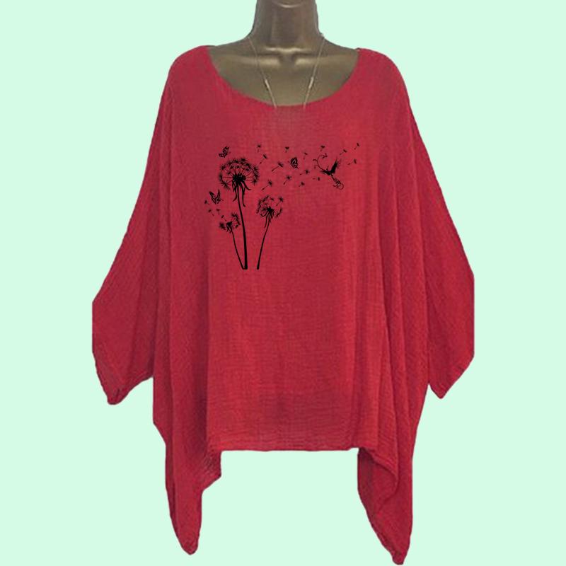 

Большие размеры Женская мода свободная рубашка повседневный топ с длинным рукавом женская принт круглый вырез неровный подол длинная рубашка 5XL красный