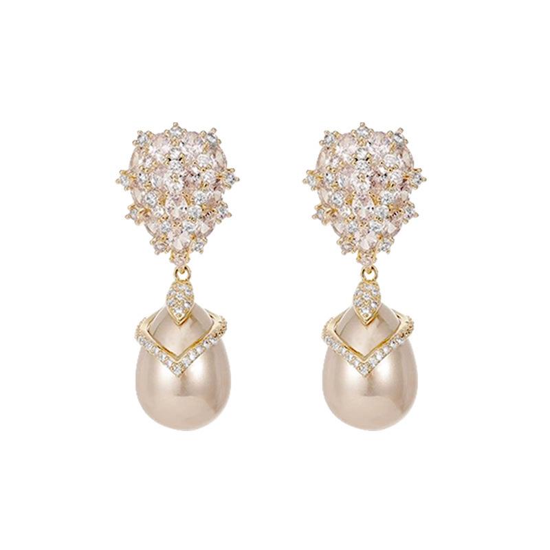Electroplated Copper Zirconia Earrings with Imitation Pearl Drops for Women - Elegant and Luxurious Design
