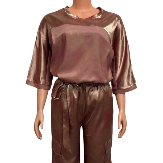 2 pezzi/set donna top pantaloni tuta raso superficie liscia mezze maniche scollo a V maglietta larga allacciatura pantaloni di colore puro con tasche signora casual tuta pantalone