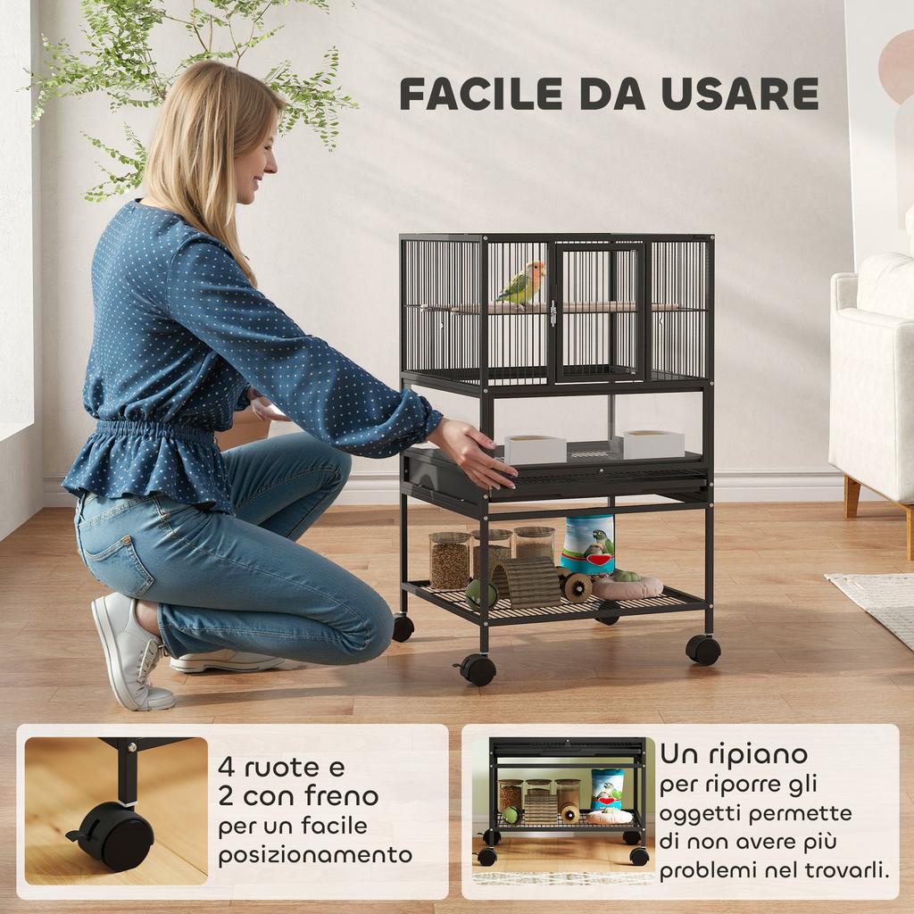 Bird Cage with Bottom Shelf, Removable Tray and Grid, Steel and PP, 48x46x83 cm, Black