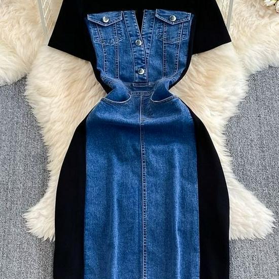 Elegant Korean Style Denim Patchwork A-Line T-Shirt Dress with Waist-Cinch and Short Sleeves