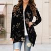 Women Plus Size Open Front Long Sleeve Draped Collar Floral Printed Black Curved Hem Cardigan