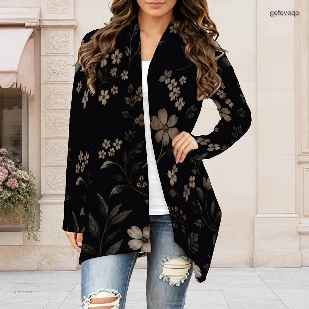 Women Plus Size Open Front Long Sleeve Draped Collar Floral Printed Black Curved Hem Cardigan