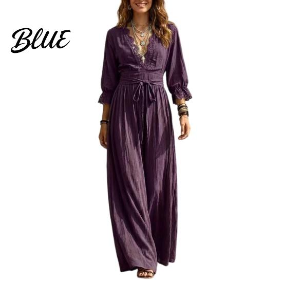 Long Sleeve Dress Women V-Neck Lace for Fall, 3/4 Sleeves Maxi with Casual Dresses Belt, Solid Color Loose Vacation Daily Wear Flowy