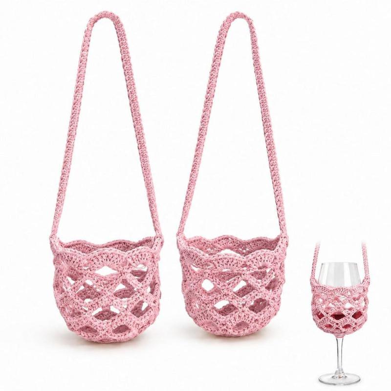 Portable Knitted Crochet Wine Glass Crossbody Holder Hollow Stylish Sleeve for Patio Gathering Cocktail Party 1Pcs