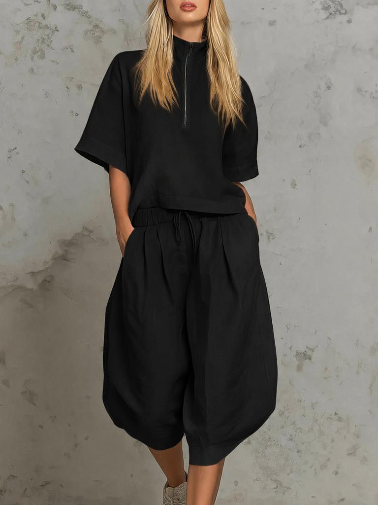 European and American Cross-border Women's Clothing Summer Casual Suit Semi-zipper Shirt Short-sleeved Top Drawstring Wide-leg Cropped Pants Two-piece