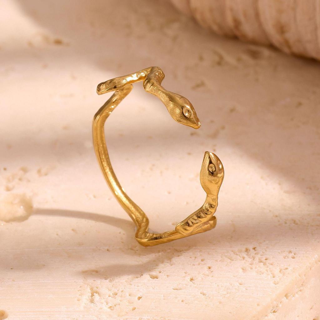 Gold-Plated Snake-Shaped Titanium Steel Adjustable Ring for Women - Retro, Colorfast, European & American Fashion.