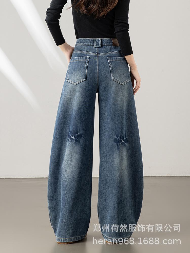 Women's High-Waisted Wide-Leg Cropped Velvet-Lined Denim Pants - Winter Thickened Slim Casual Style