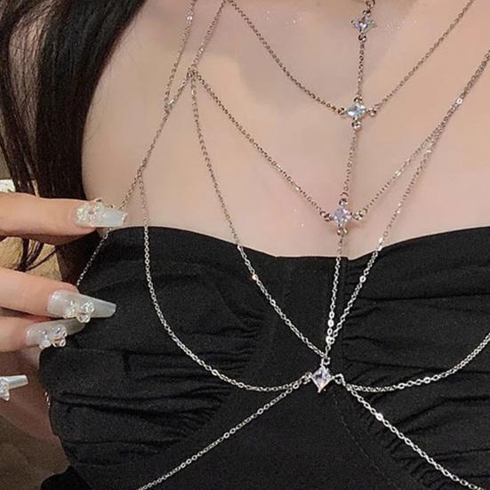 Cubic Zirconia Chest Chain Necklace Women Sexy Bikini Bra Chain Sparkling Body Chain Jewelry for Summer Beach