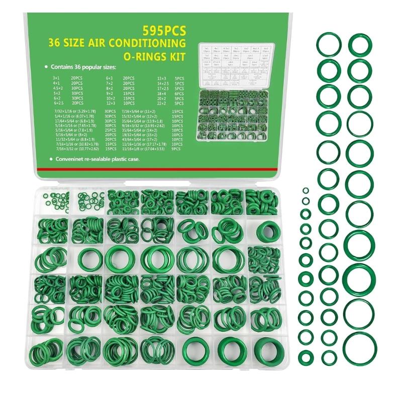 595 Piece Air Conditioning O Gasket Kit, 36 Size Green Rubber O Gasket Set with Size References In Storage Case for Repair Use and Maintenance