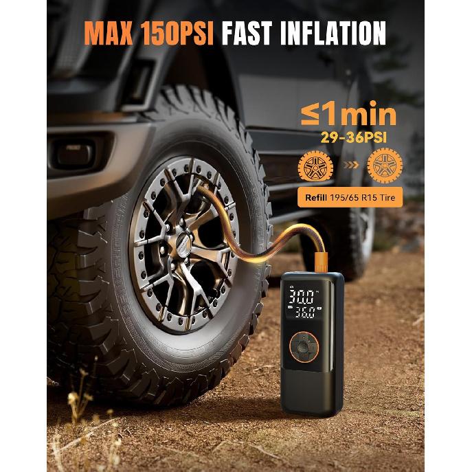 Tire Inflator Portable Air Compressor, 150PSI Air Compressor For Car Tires, Cordless Bike Pump With Pressure Gauge & LED Light, Tire Pump For Cars,