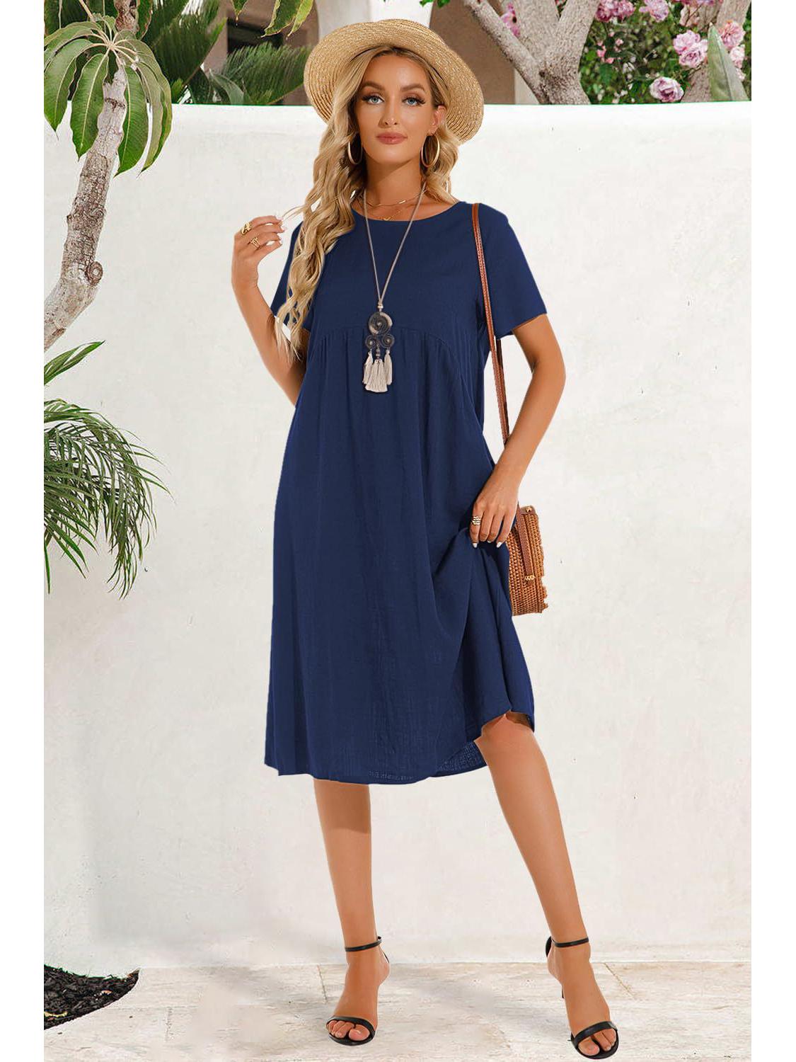 

Spring/Summer 2025 Plus Size Cotton Linen Casual Dress with Round Neck and 5-Sleeves S темно-синий