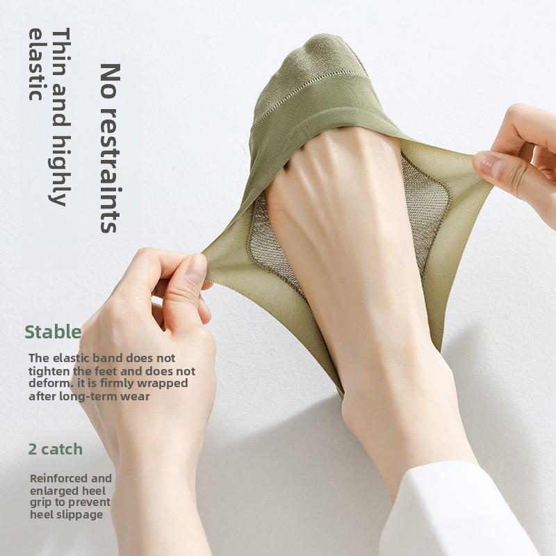 Ice Silk Women's Pure Cotton Seamless Anti-Slip Patchwork Invisible Stockings for Summer Thin Toe Cotton Socks