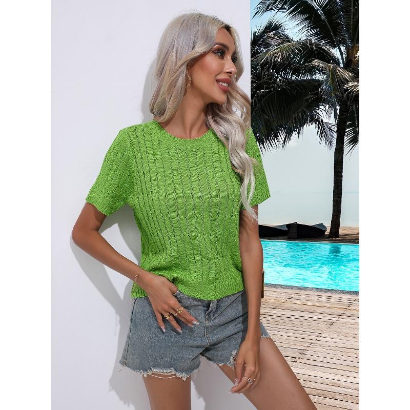 JPNTKY Women's Fashion Casual Solid Color Print Short Sleeve O-Neck  Blouses & Shirts