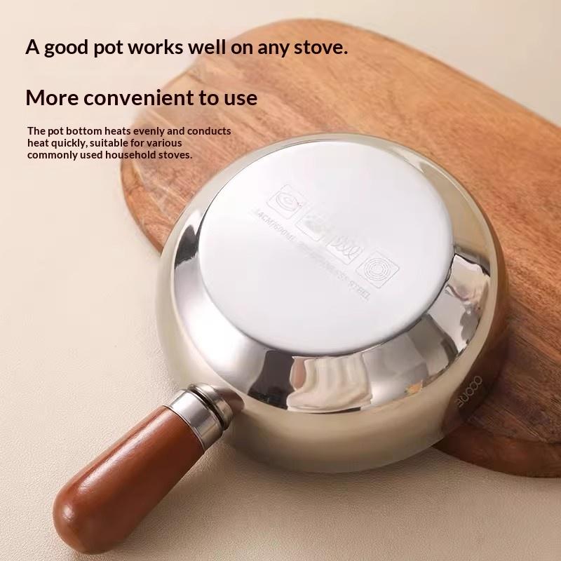 17Cm/14Cm Stainless Steel Cooking Pans With Wooden Handle & Glass Lid - Multi-Purpose Small Pots For Noodles And Eggs
