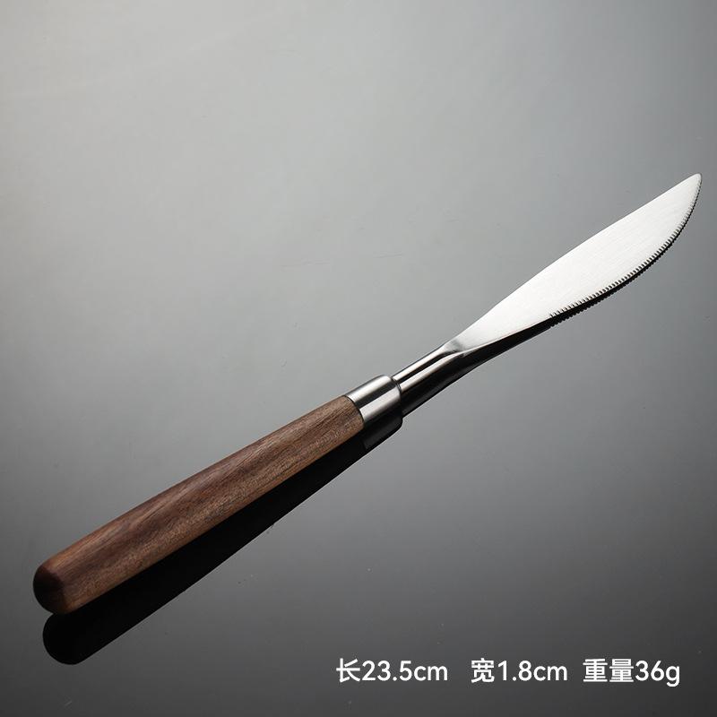 304 stainless steel walnut handle knife, fork, spoon, western tableware, lathe hardware, matte hand-thrown round spoon gift