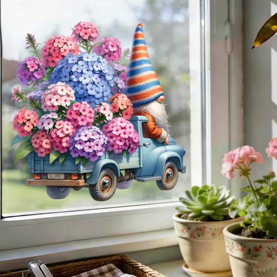 Spring Gnome Window Clings Floral Berries Gnome Glass Stickers Double-Sided Reusable Static Decals