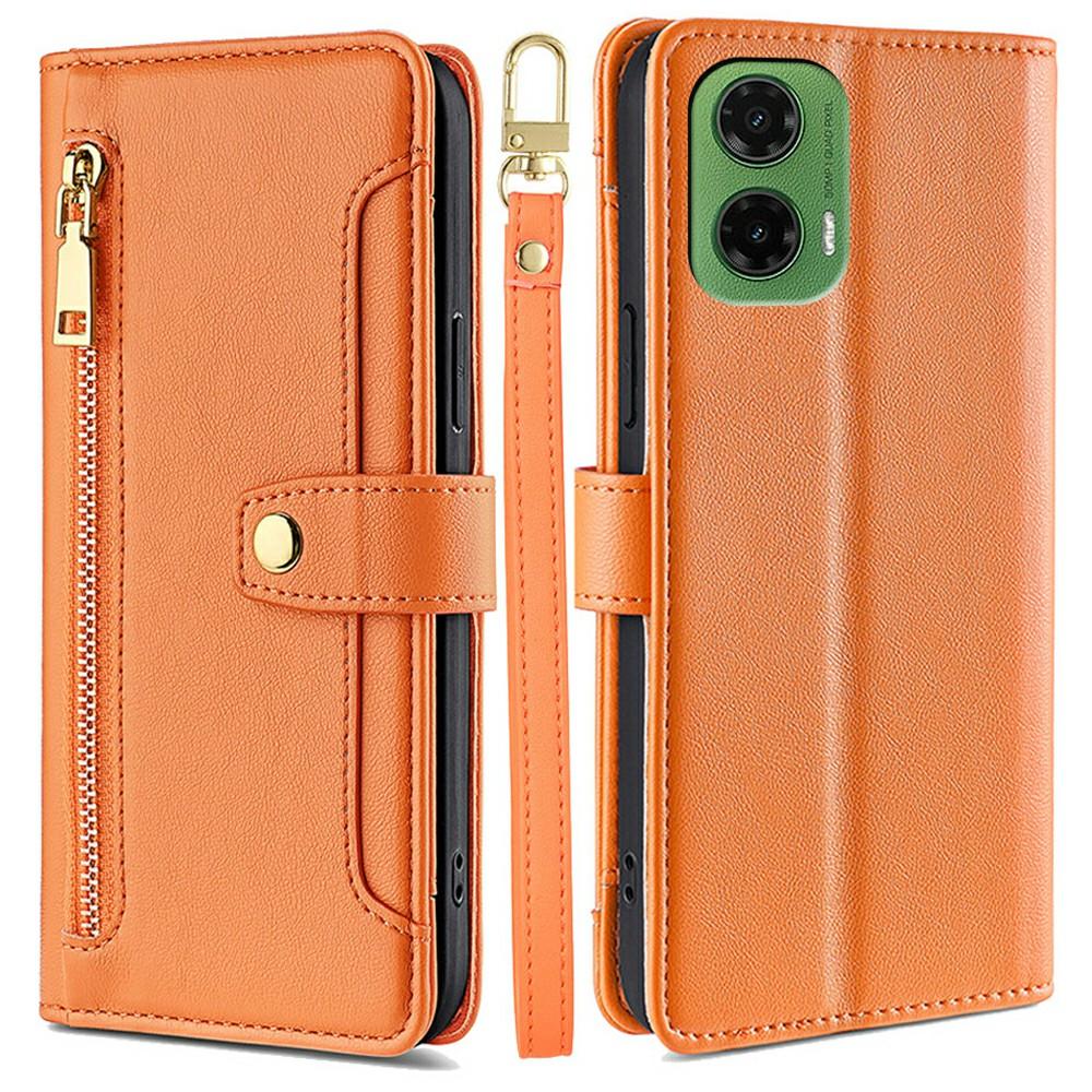For Motorola Moto G35 5G Leather Case Zipper Pocket Wallet Phone Cover with 2 Straps