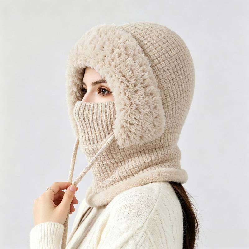 Winter Warm Ear Protection One-piece Hat Women's Scarf One-piece Knitted Hat Fleece Thickened Ski Wool Hat