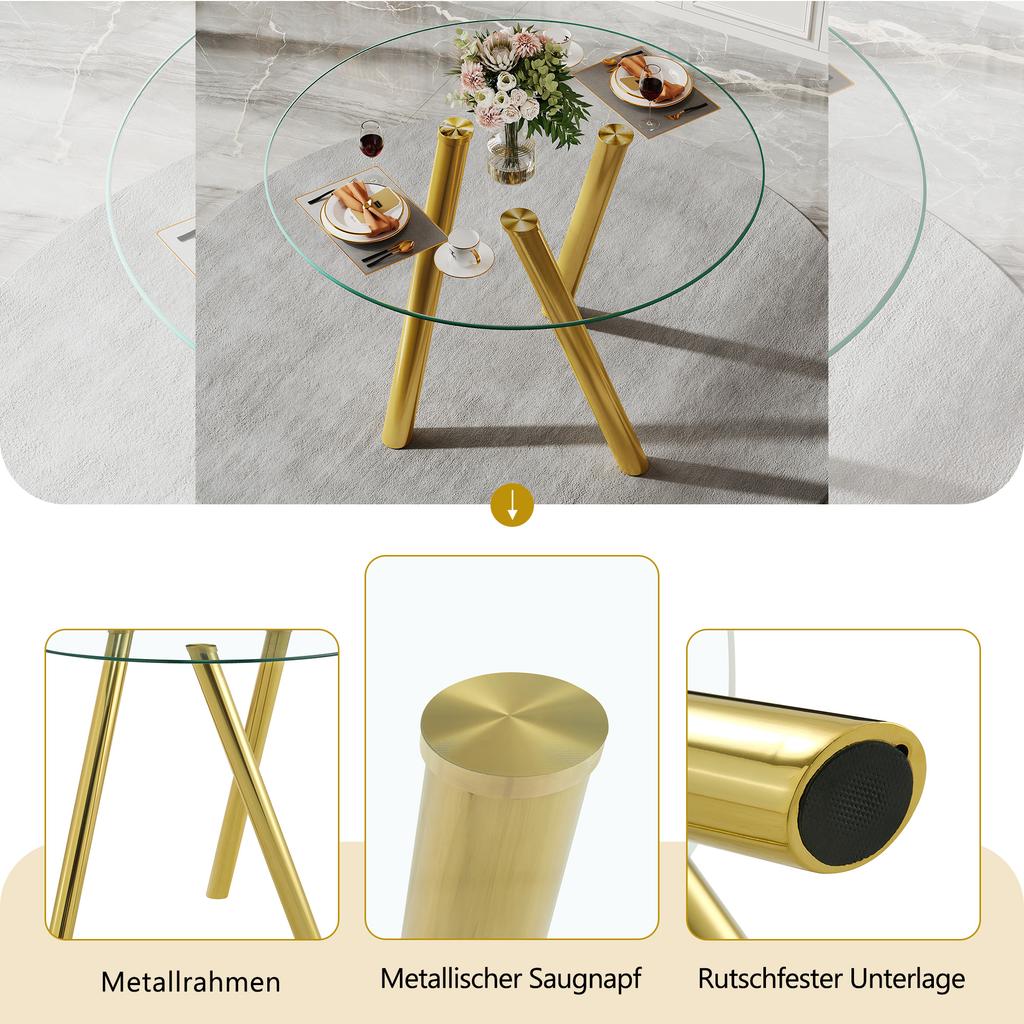 89 cm, Runder Esstisch aus gehärtetem Glas mit stabilen Beinen aus goldfarbenem Metall